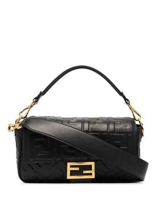 Fendi Black FF Embossed Leather Baguette Bag